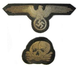Waffen SS Panzer Beret Eagle & Skull Woven Badges - Aged